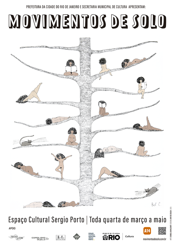Cartaz ilustrado de Movimentos de Solo mostra mulheres descansando nos galhos de uma árvore com texto mínimo sobre o evento no Espaço Cultural Sergio Porto, que acontece todas as quartas-feiras de março a maio. Arte: Isabel Cavalcanti. Design: Jair de Souza